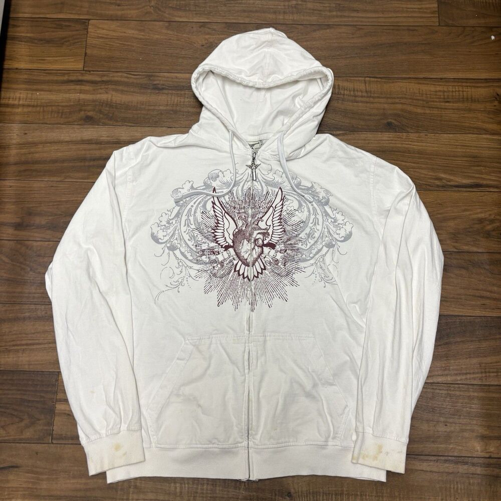 Avirex Hoodie Adult XL White Heart Wings Y2K Sweatshirt Full Zip Up Mens STAINED